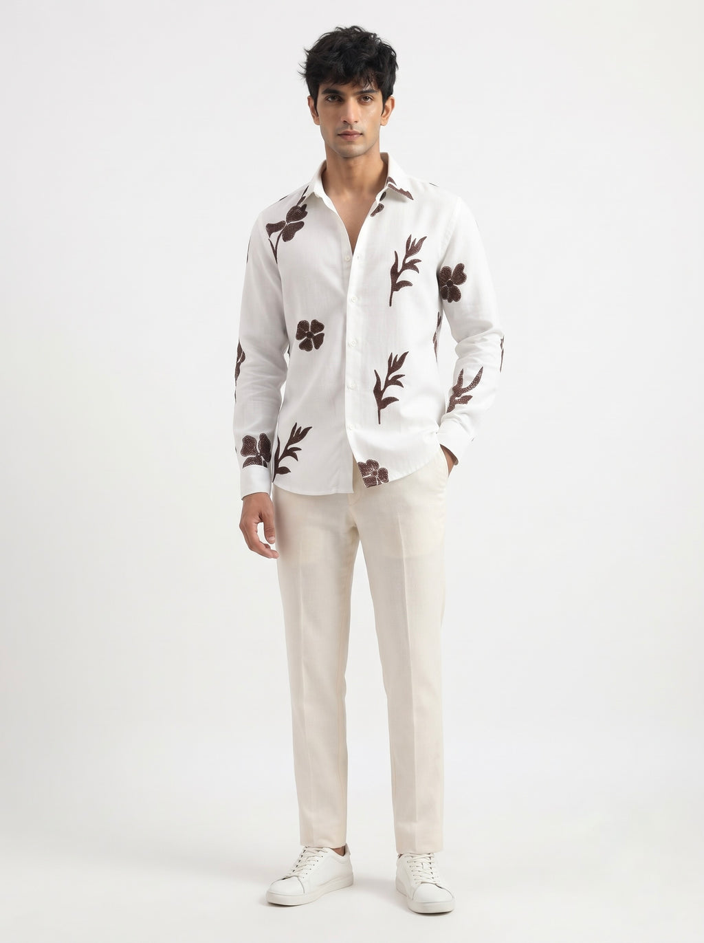 Men’s Korean Linen Floral & Leaf Embroidery Shirt