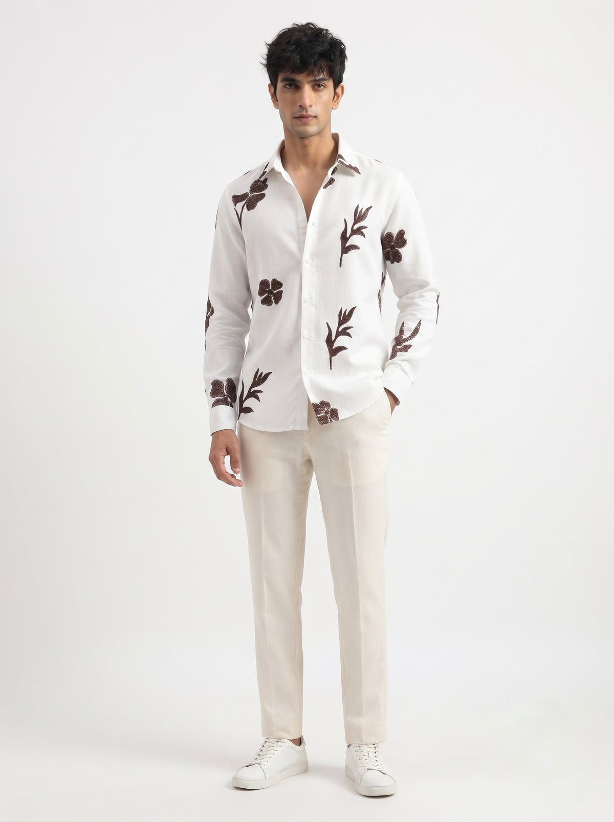 Men’s Korean Linen Floral & Leaf Embroidery Shirt