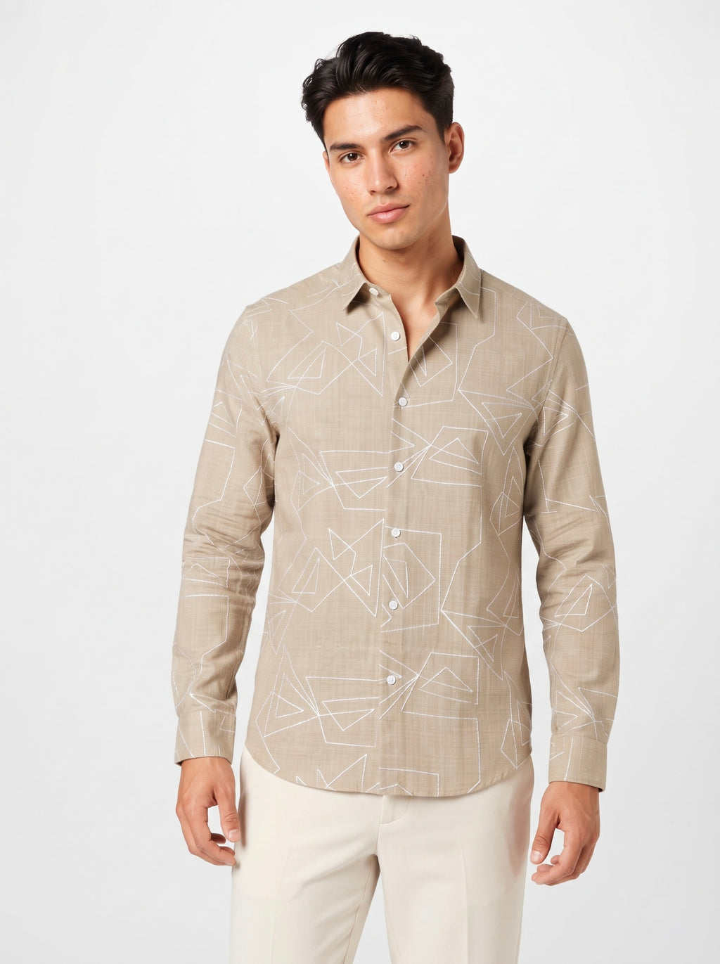 Men’s Korean Linen Geometric Embroidery Shirt