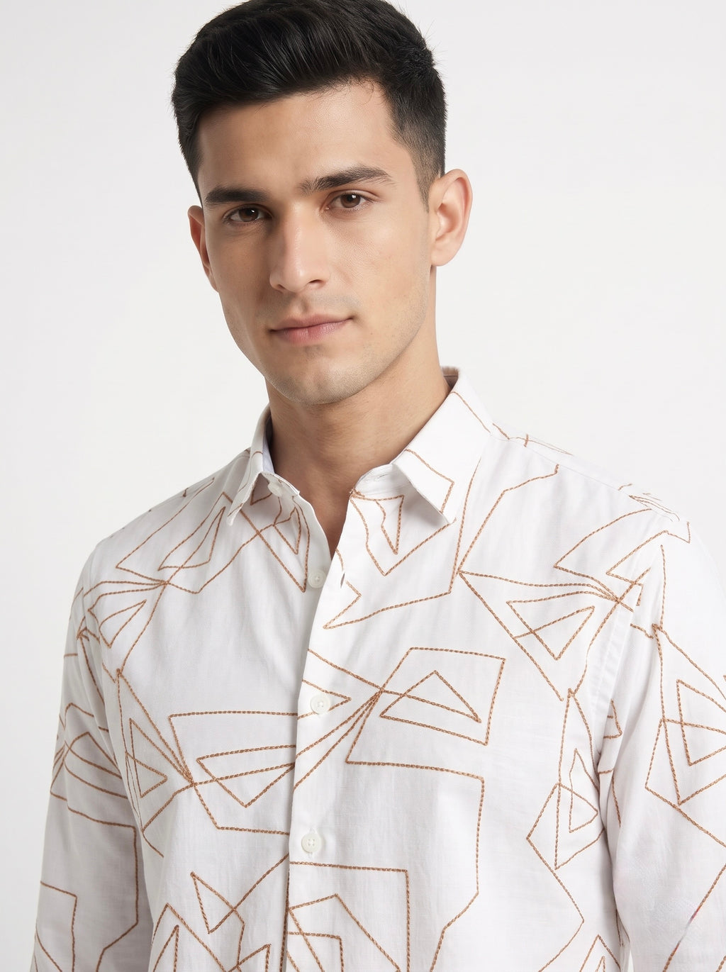 Men’s Korean Linen Geometric Embroidery Shirt