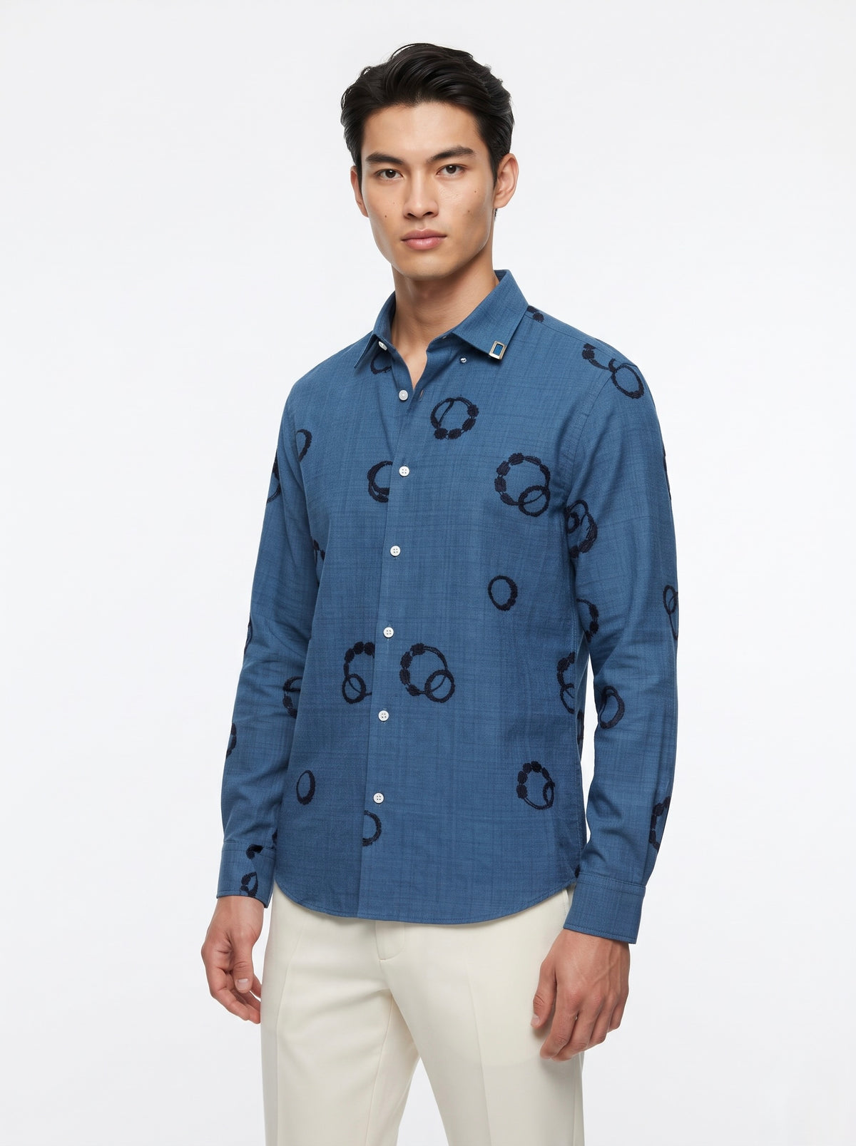 Men’s Korean Linen Circular Pattern Embroidery Shirt