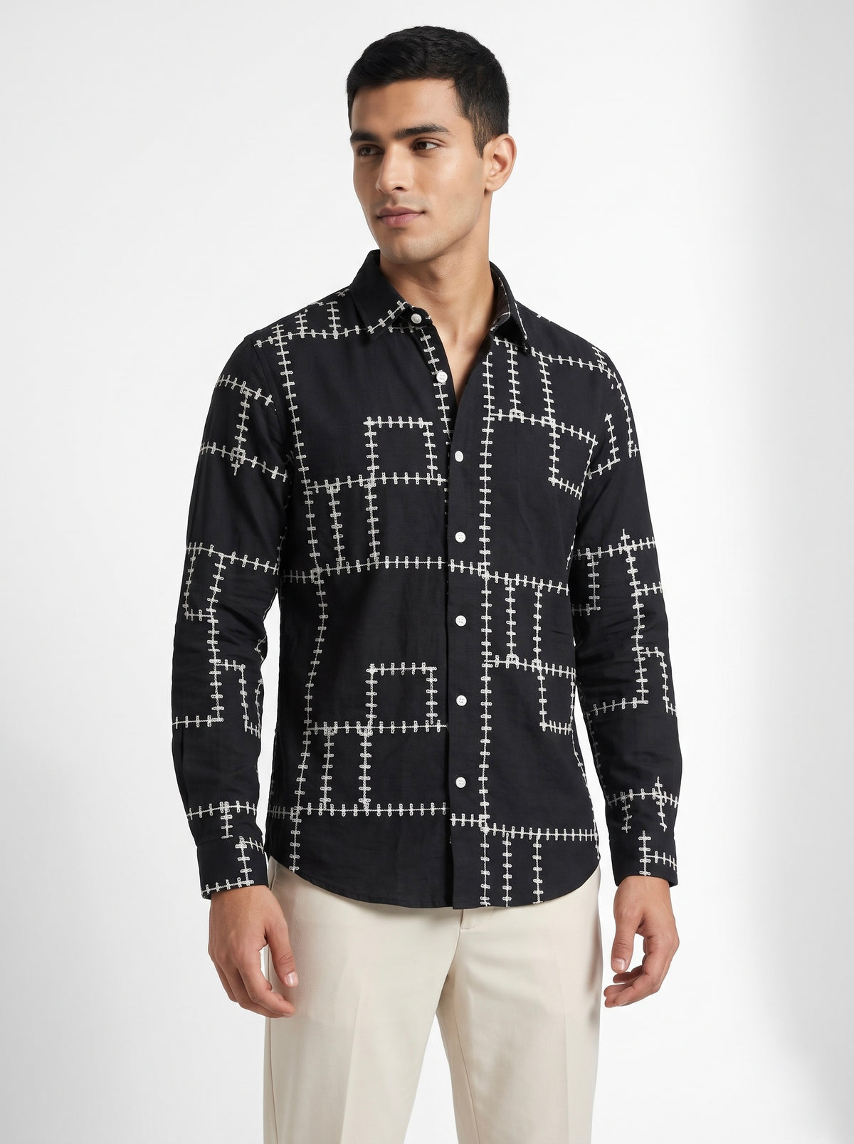 Men’s Korean Linen Grid Embroidery Shirt