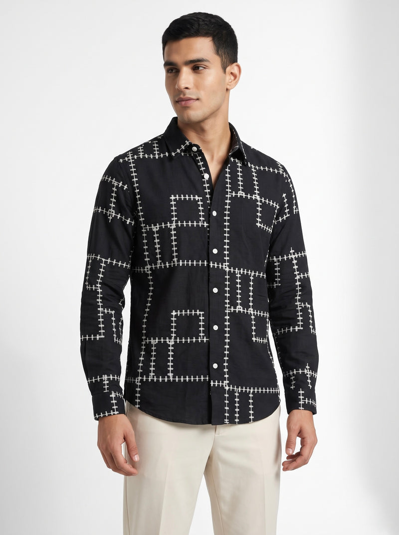 Men’s Korean Linen Grid Embroidery Shirt