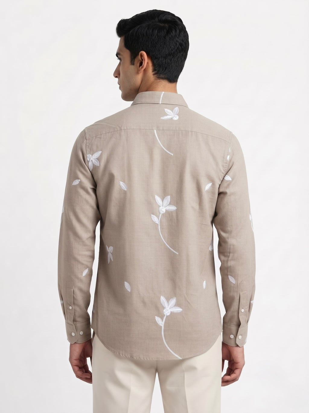 Men’s Korean Linen Floral Stem Embroidery Shirt