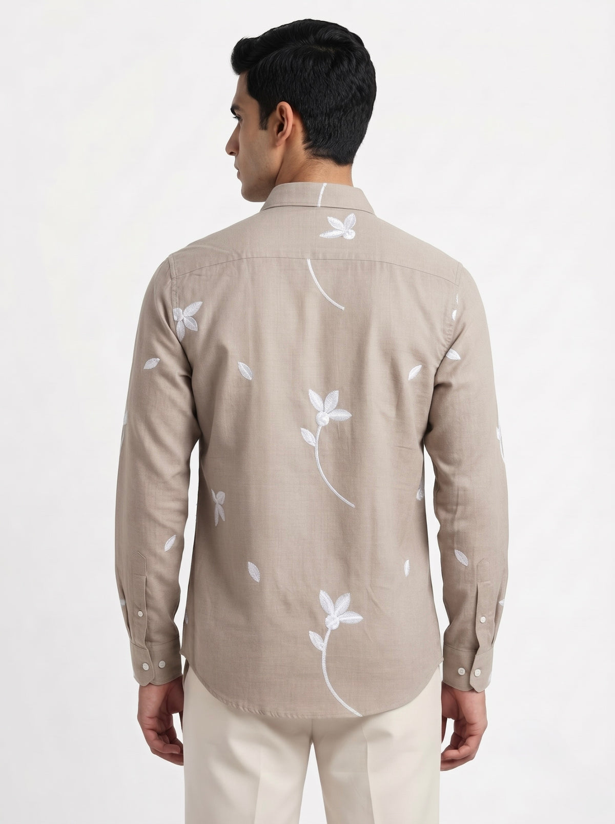 Men’s Korean Linen Floral Stem Embroidery Shirt