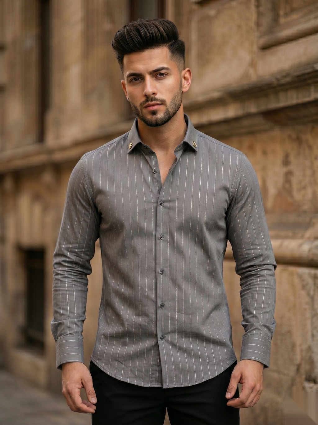Silver stripes party-wear shirt by Snipes, featuring a stylish button-up design with silver striped pattern.