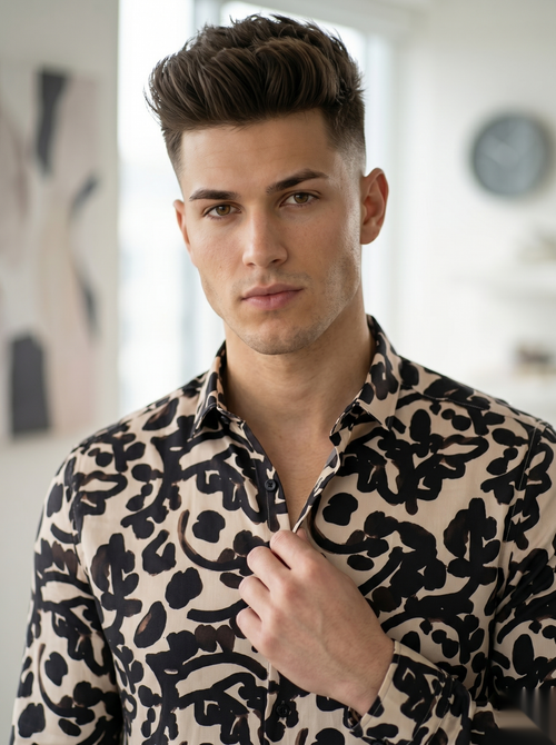 Beige and black digital printed shirt by Snipes, featuring a modern geometric design on soft fabric.