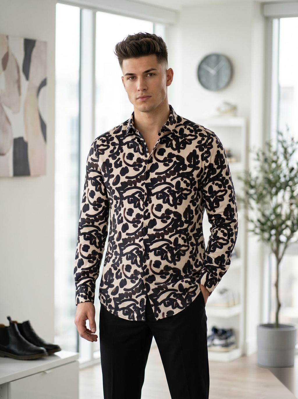 Digital Printed Shirts - Beige&Black