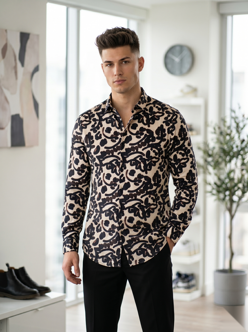 Beige and black digital printed shirt by Snipes featuring a modern, stylish design, displayed on a neutral background.