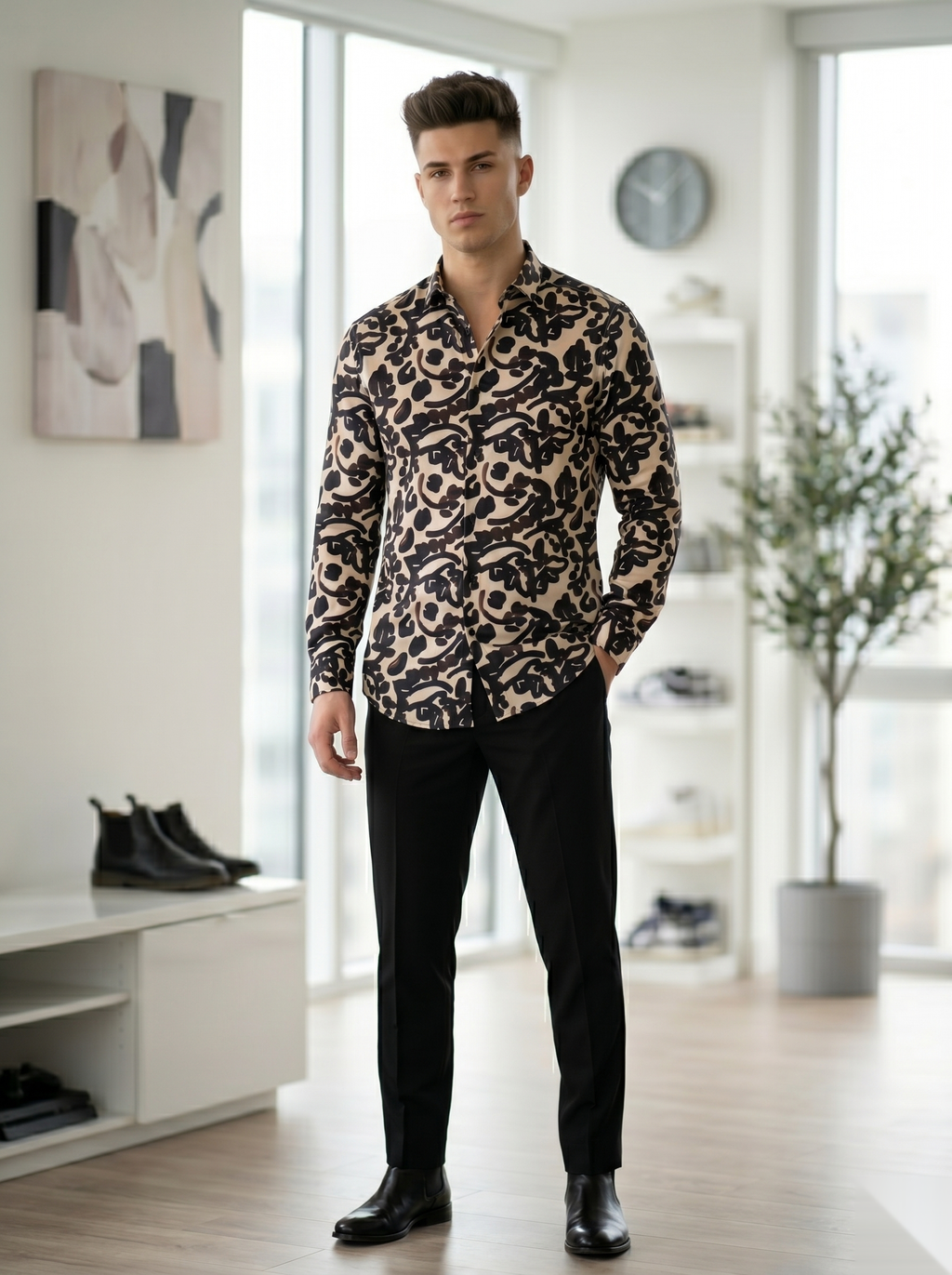 Digital Printed Shirts - Beige&Black