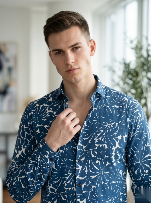 Blue and white digital printed shirt by Snipes, featuring a modern geometric design on a casual shirt fabric.