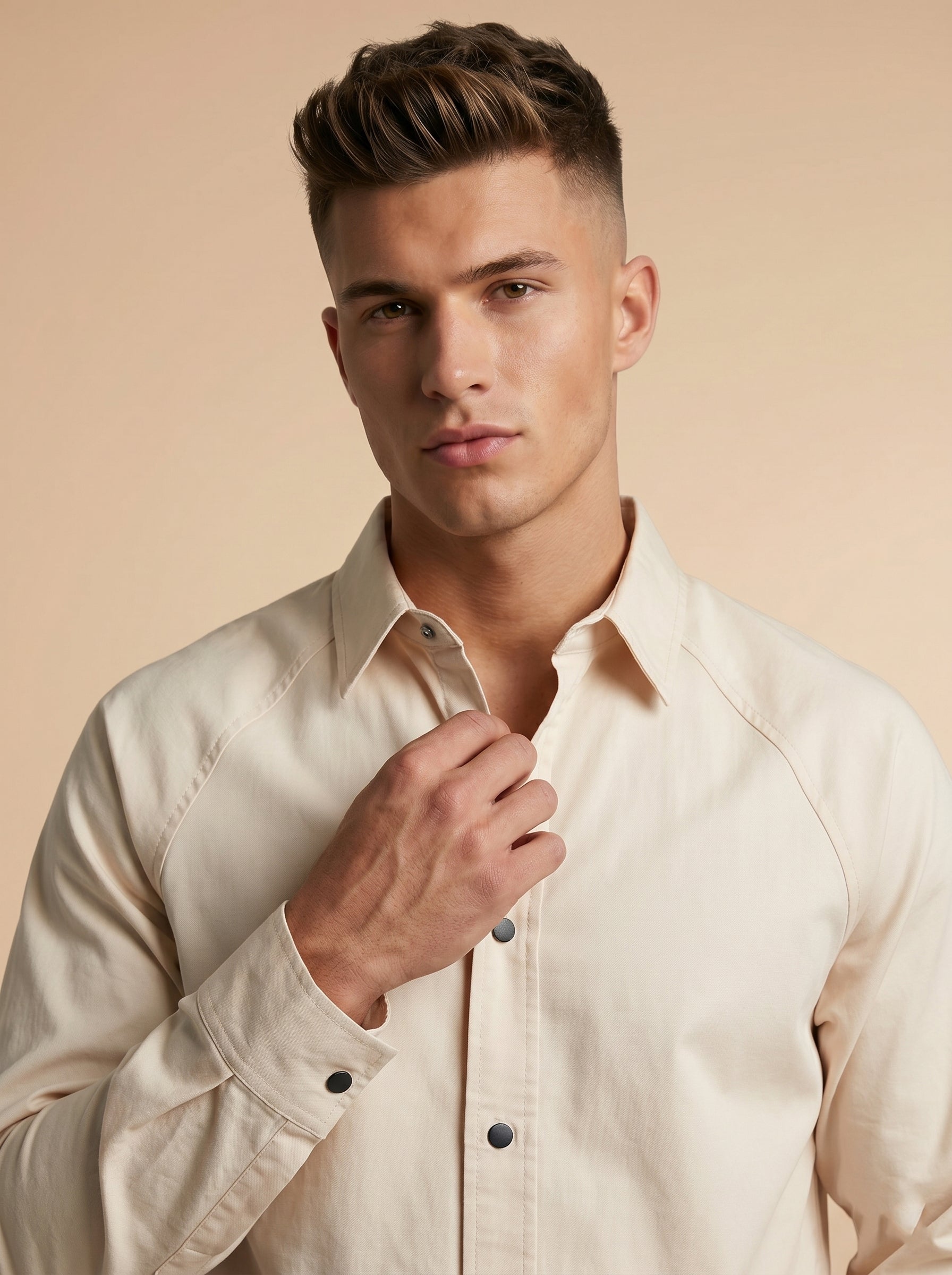 Snipes shacket shirt in neutral fabric with button front and collar, displayed on a hanger against a plain background.