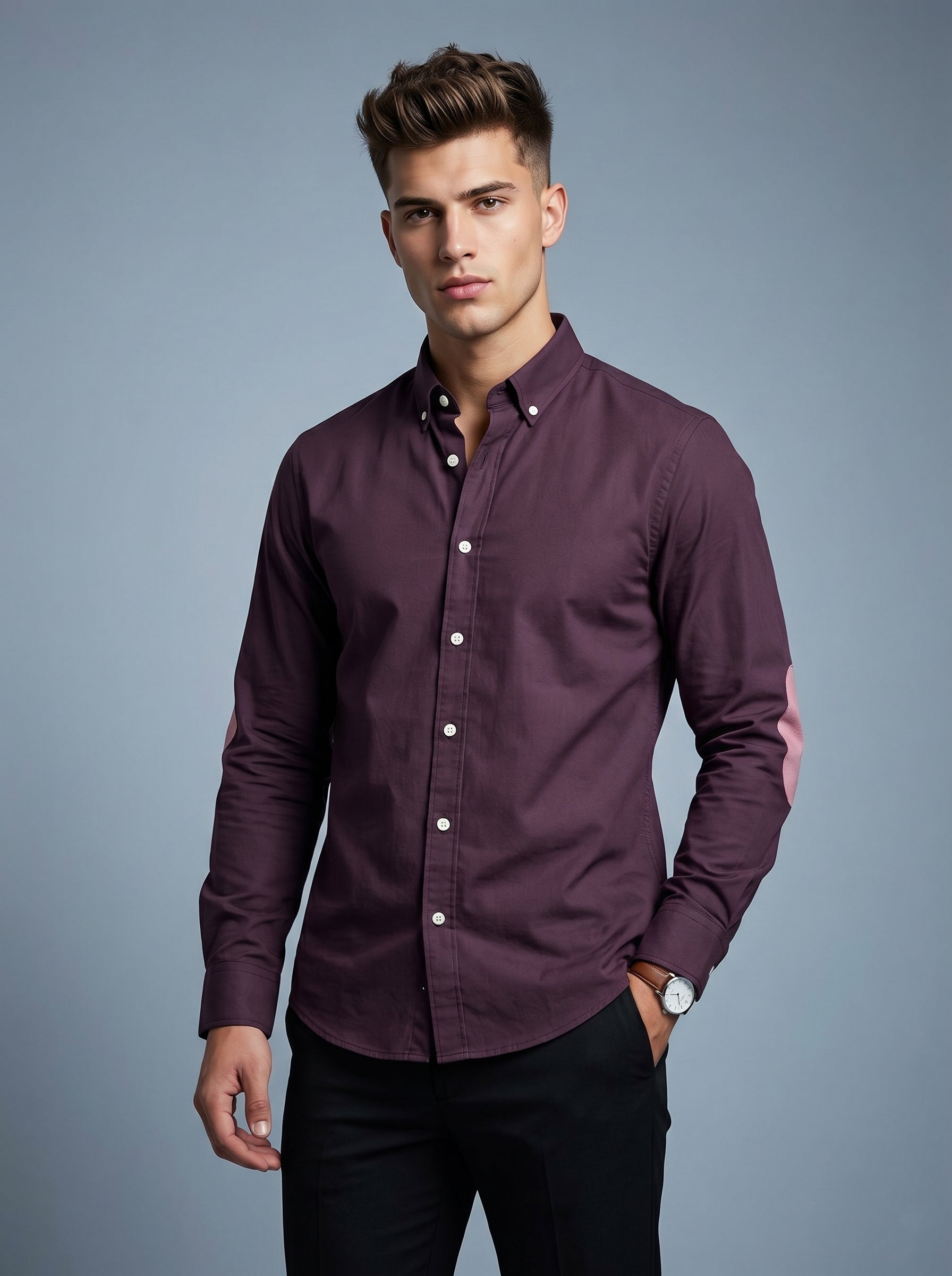 Snipes men's elbow patch shirt with contrasting patches, button-down collar, and casual fit, displayed on a hanger.