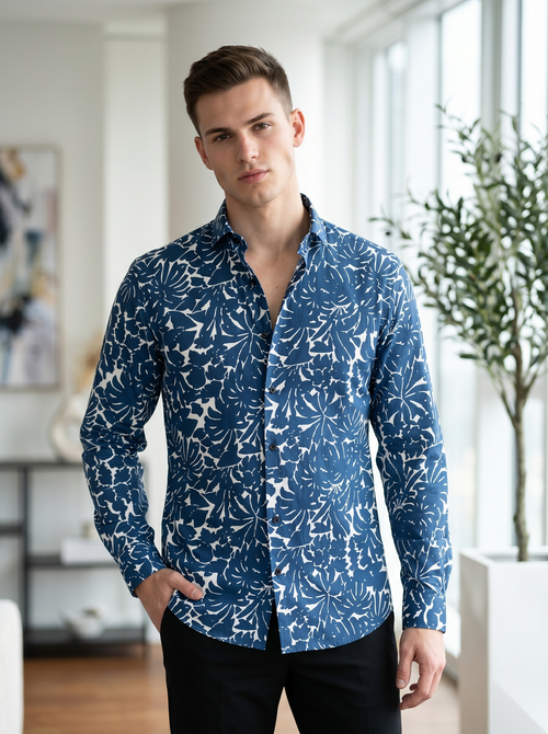 Blue and white digital printed shirt by Snipes featuring a stylish Gemini design, shown flat on a white background.
