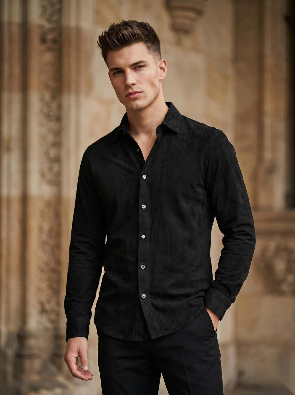 Snipes solid suede shirt in rich brown with classic collar and button-front design, displayed on a neutral background.