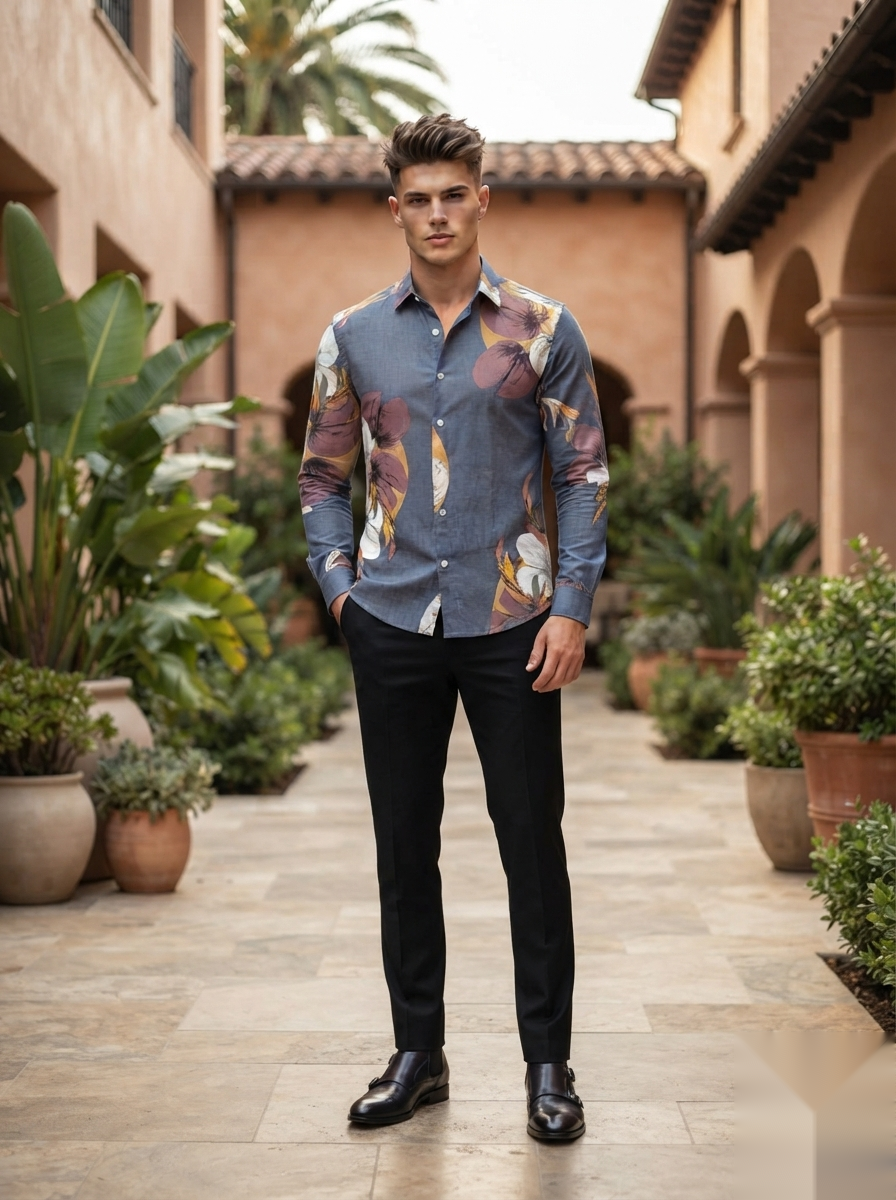 Floral Prints-Linen Shirts-Blue