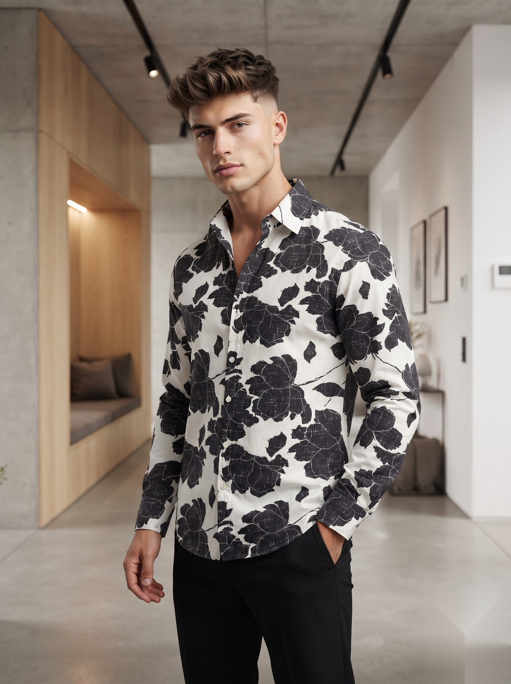 Linen Printed Shirt - Brown Flowers