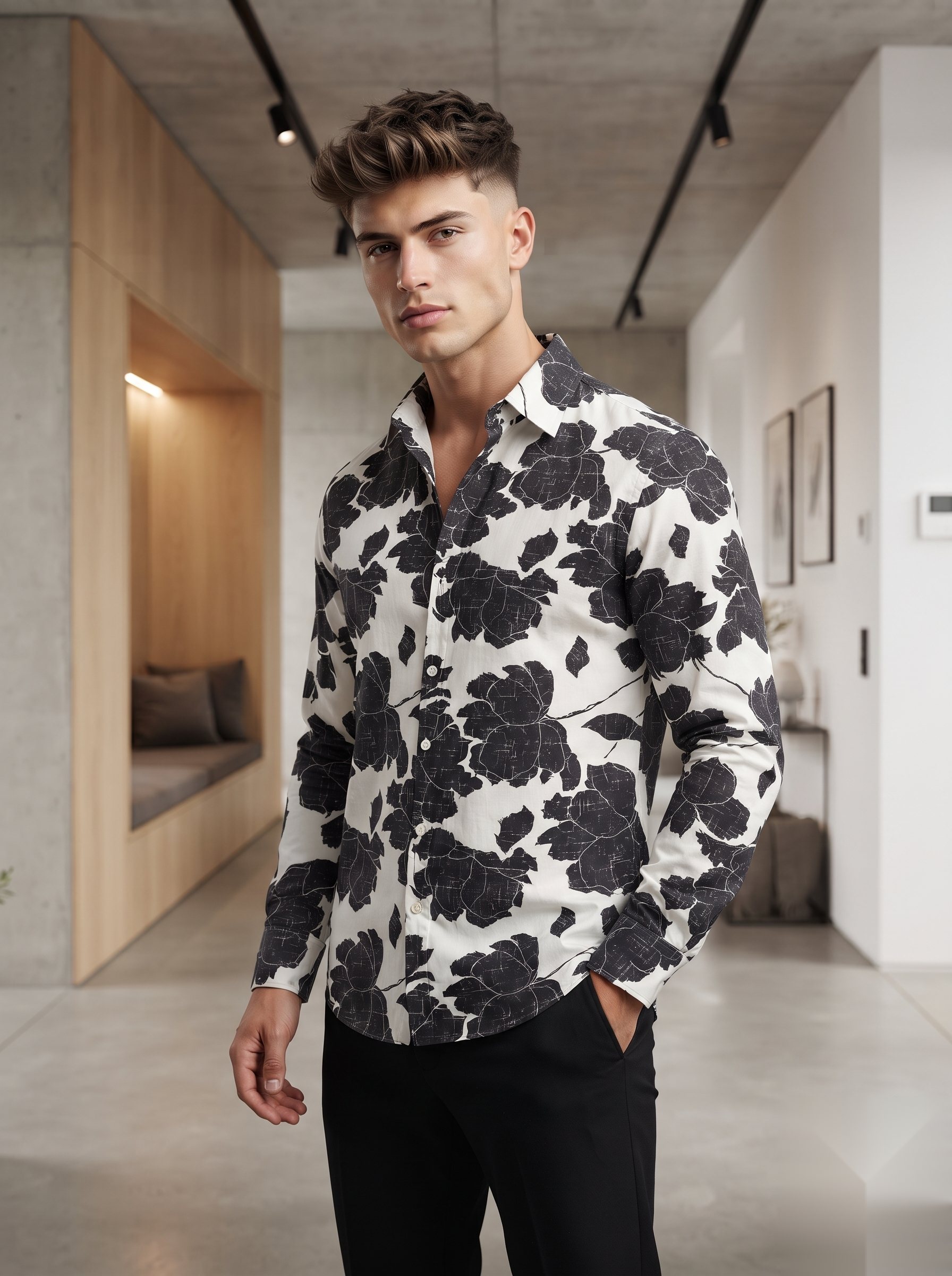 Linen Printed Shirt - Brown Flowers