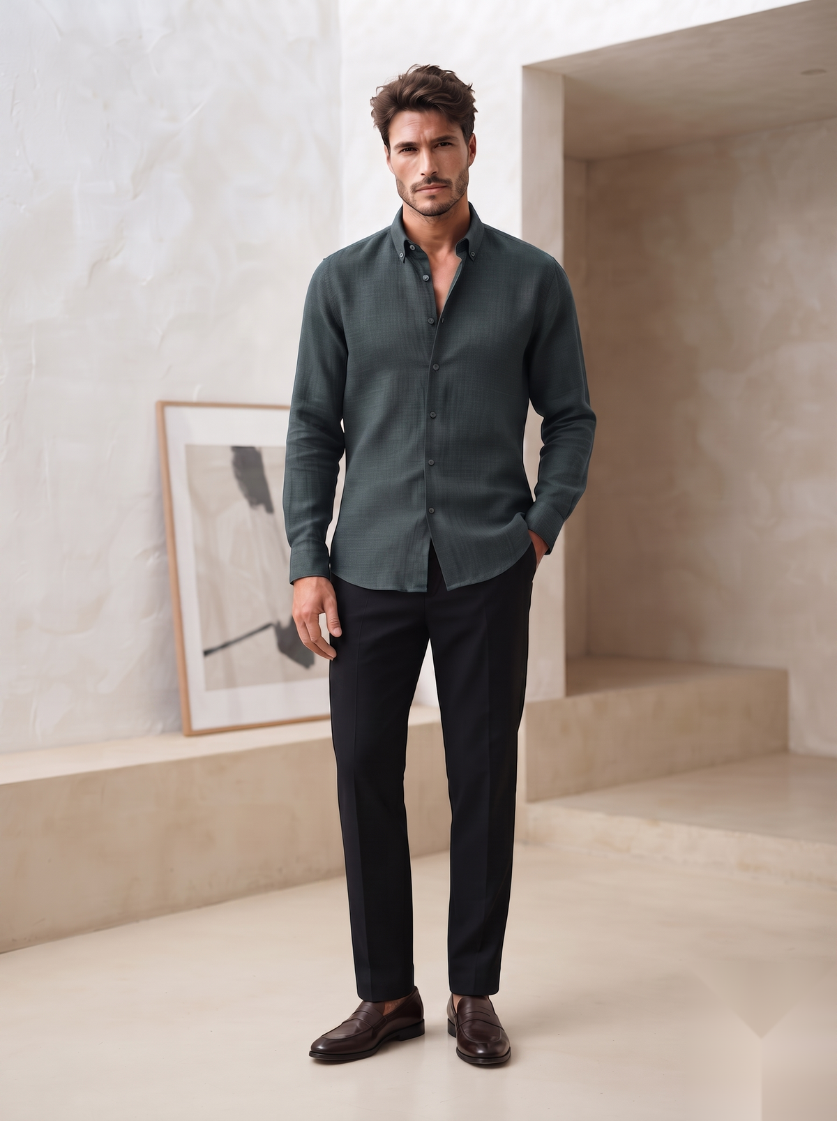 Snipes Korean linen shirt displayed on a hanger with a relaxed fit, lightweight breathable fabric, and subtle natural color.
