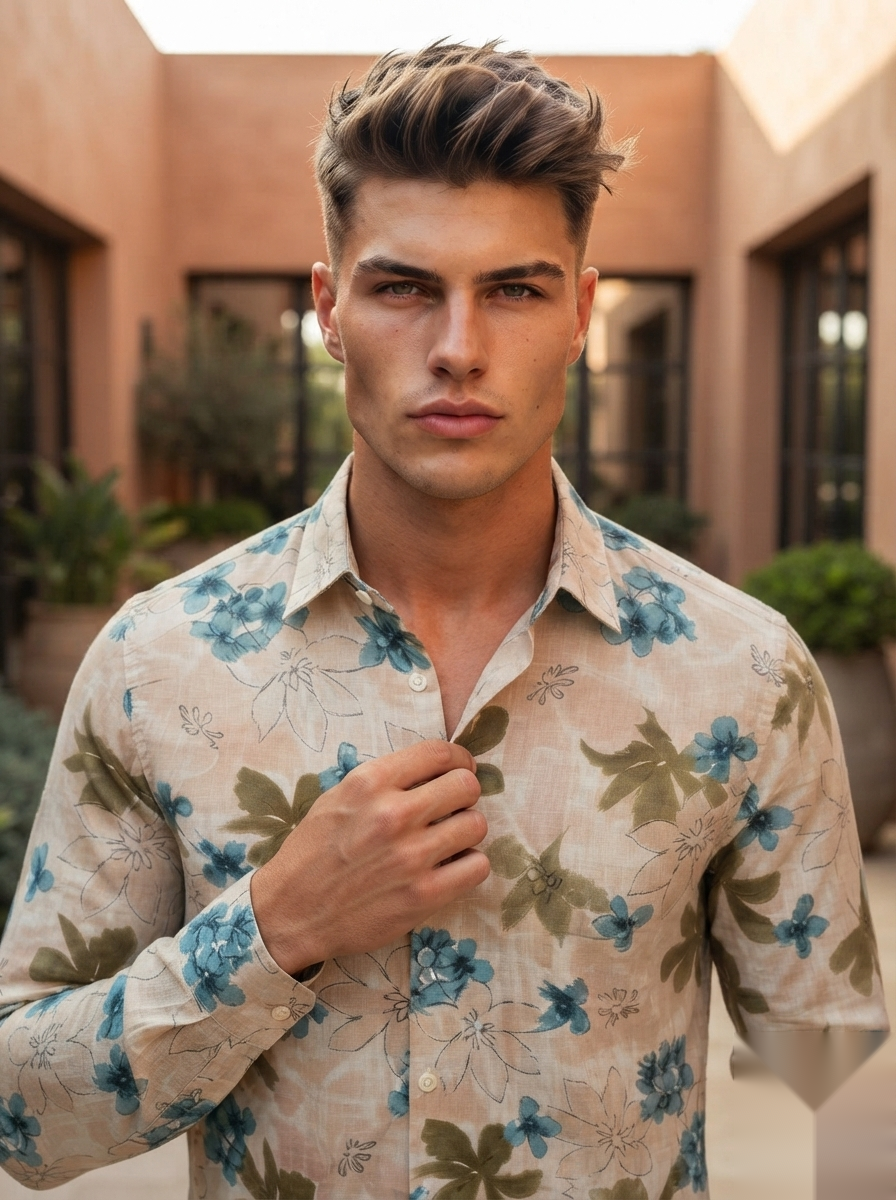 Floral Prints-Linen Shirts-Beige
