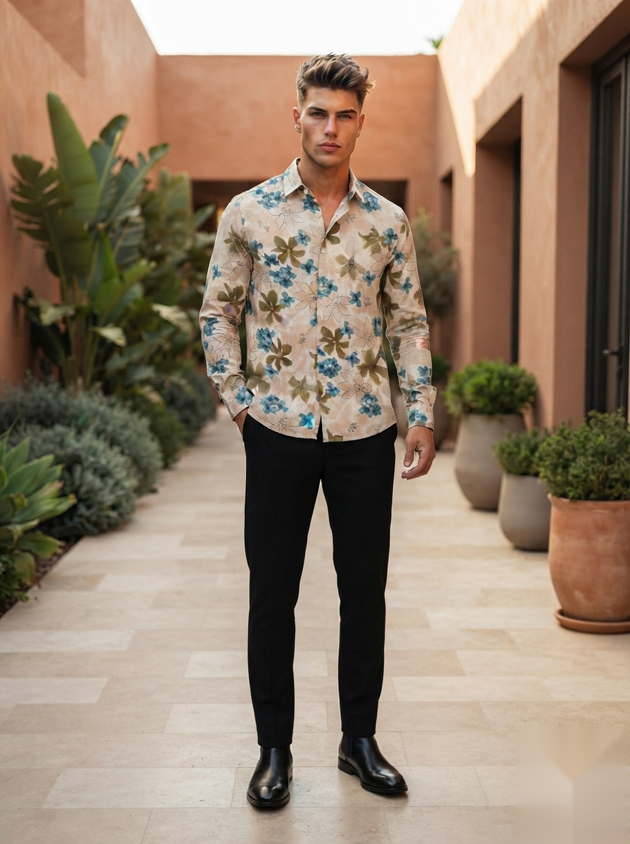 Floral Prints-Linen Shirts-Beige