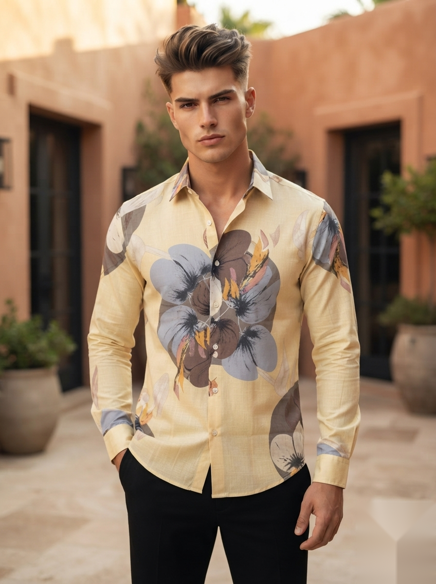 Floral Prints-Linen Shirts-Yellow