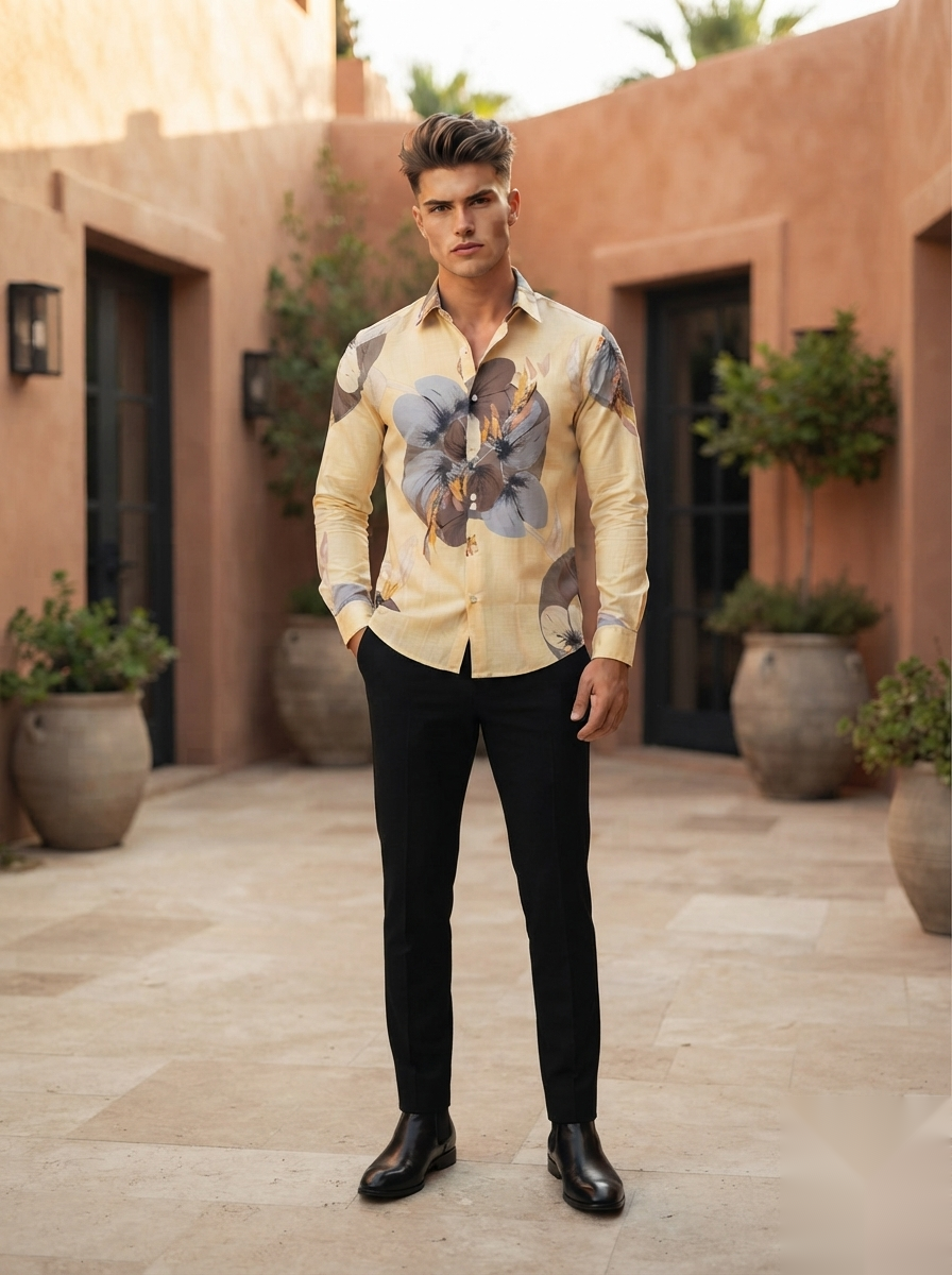 Floral Prints-Linen Shirts-Yellow