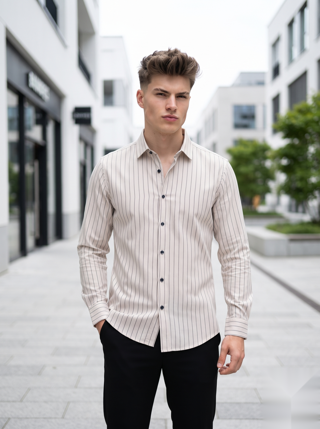 Snipes premium pinstripe shirt displayed flat, showing its classic white fabric with navy pinstripes and button-down collar.