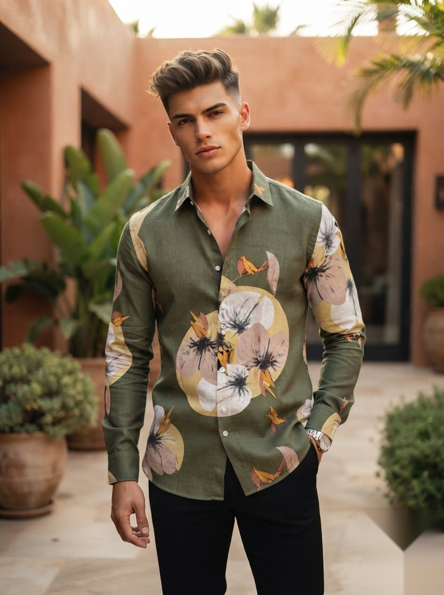 Floral Prints-Linen Shirts-Olive