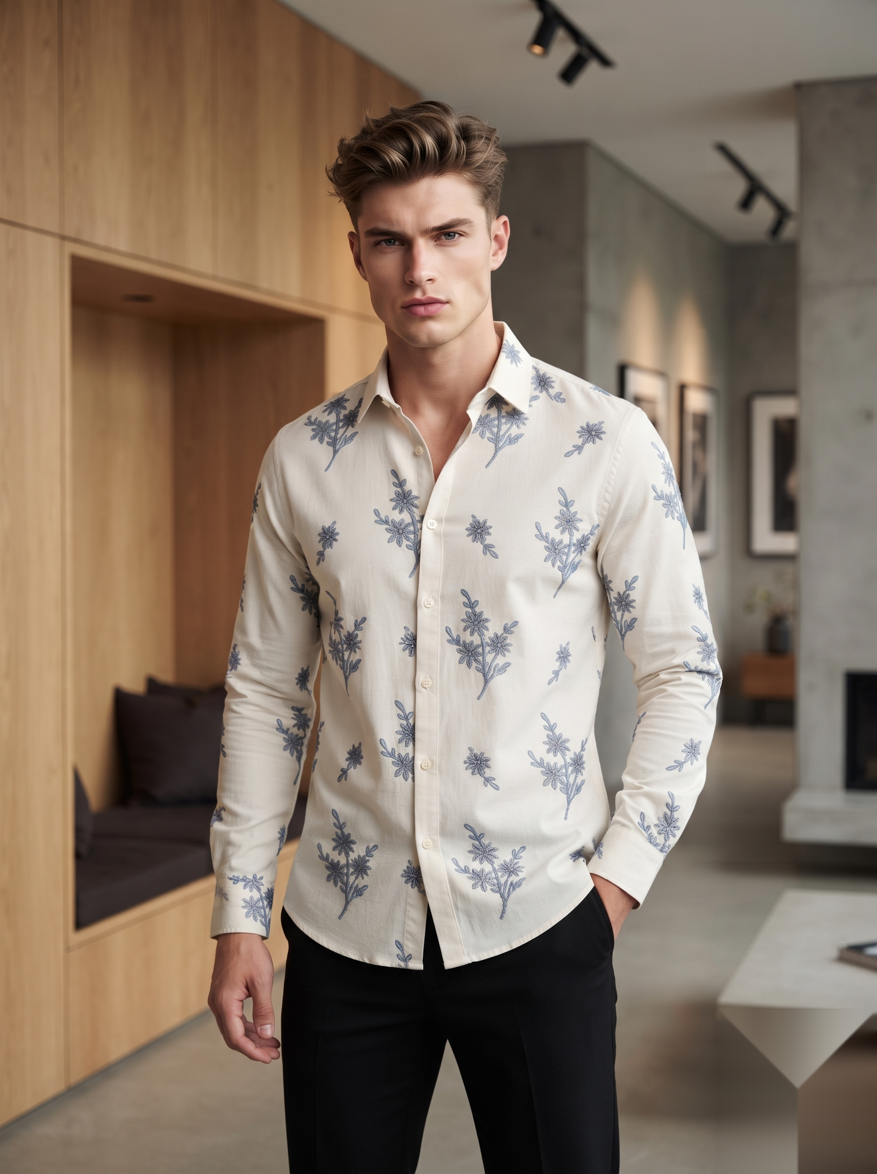 Linen Printed Shirt - Beige Flowers