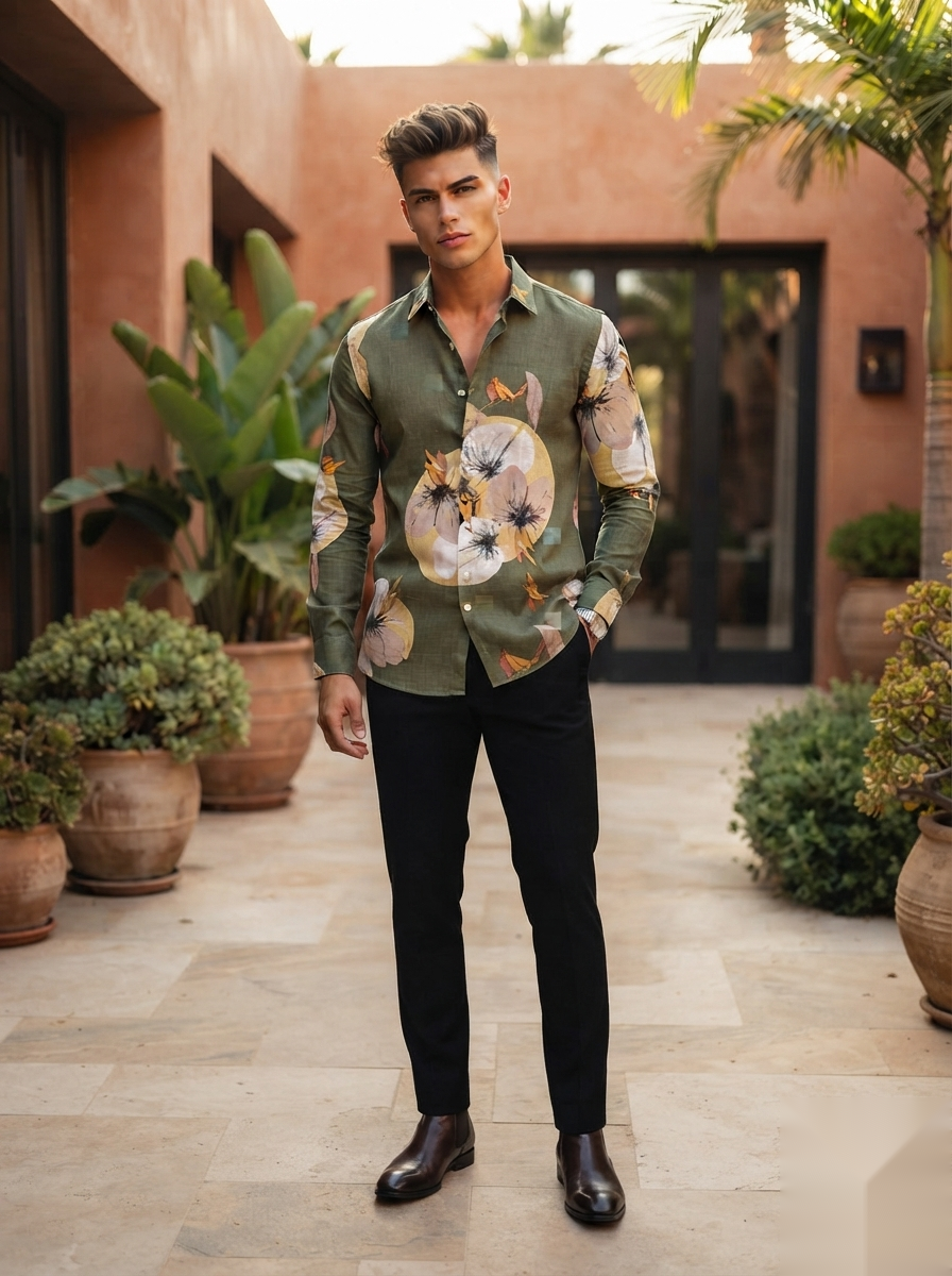 Floral Prints-Linen Shirts-Olive