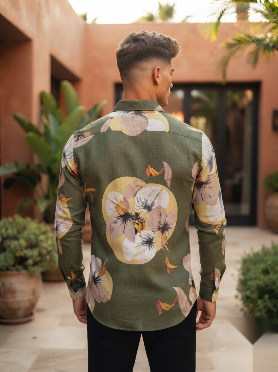 Floral Prints-Linen Shirts-Olive