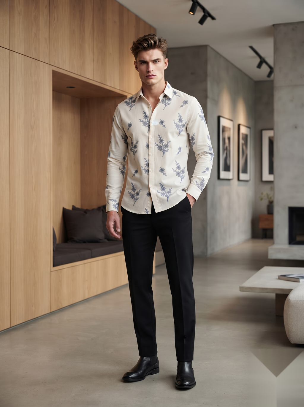 Linen Printed Shirt - Beige Flowers