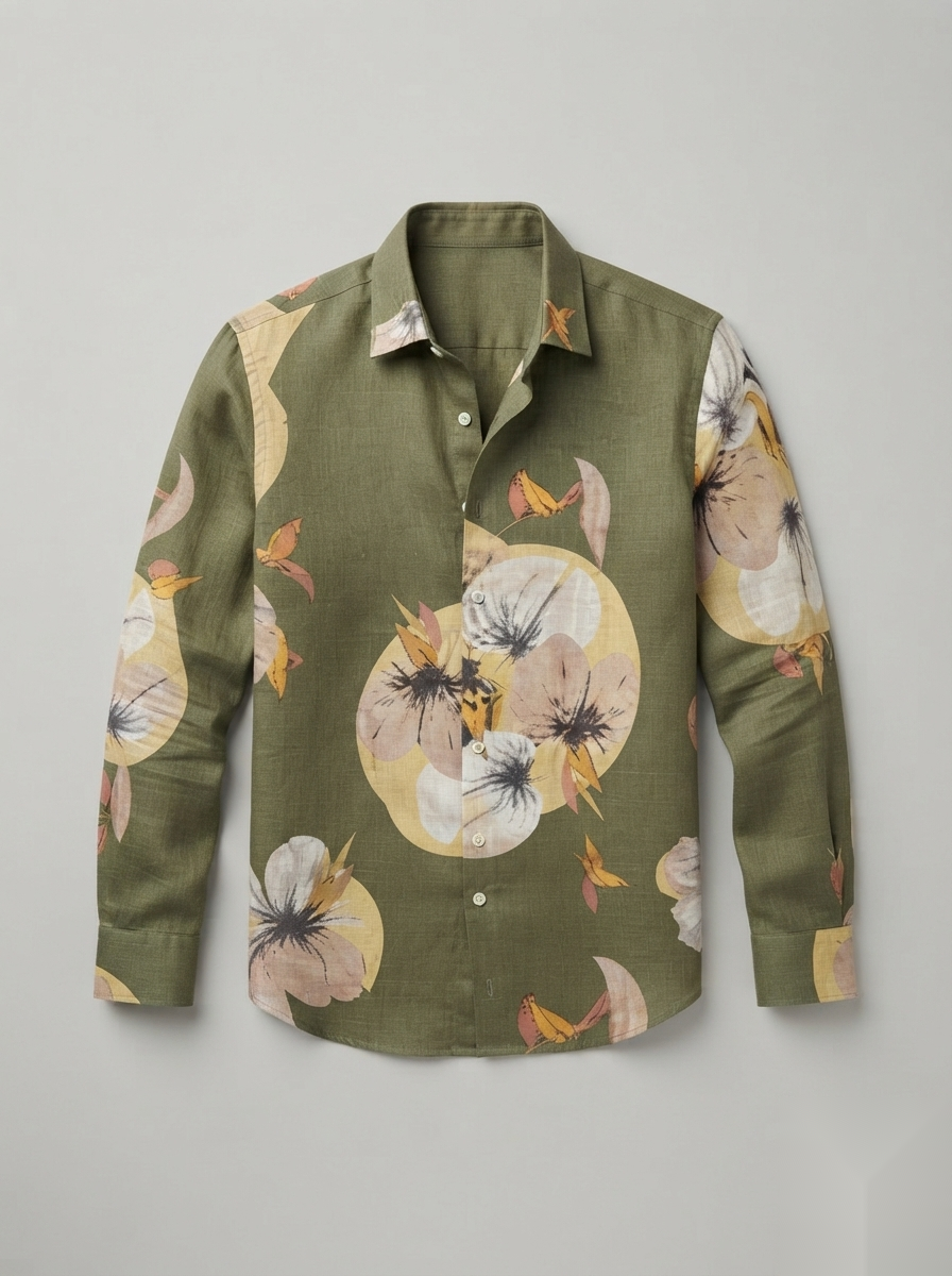 Floral Prints-Linen Shirts-Olive