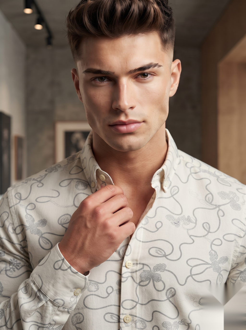 Linen Printed Shirt - Beige Leaves