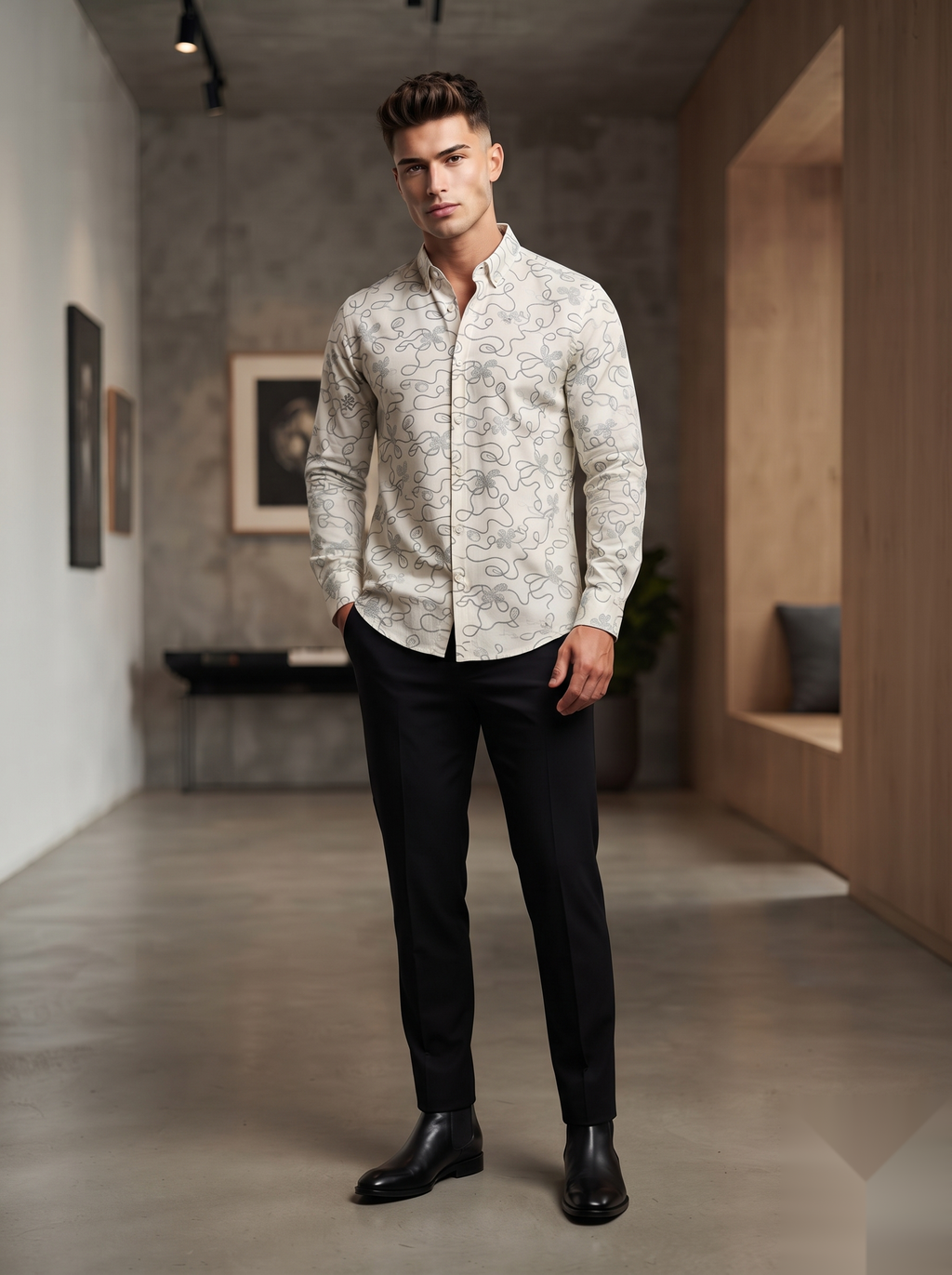 Linen Printed Shirt - Beige Leaves