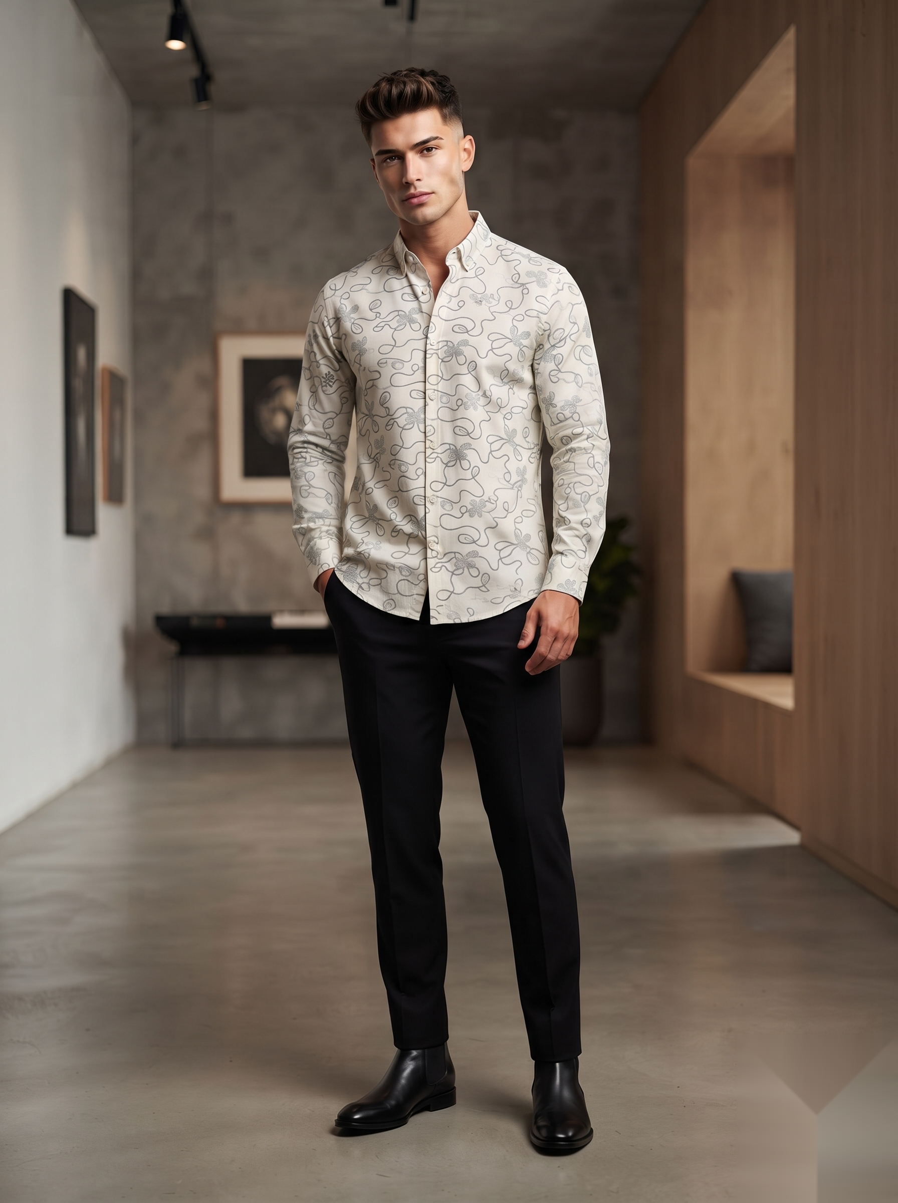 Linen Printed Shirt - Beige Leaves