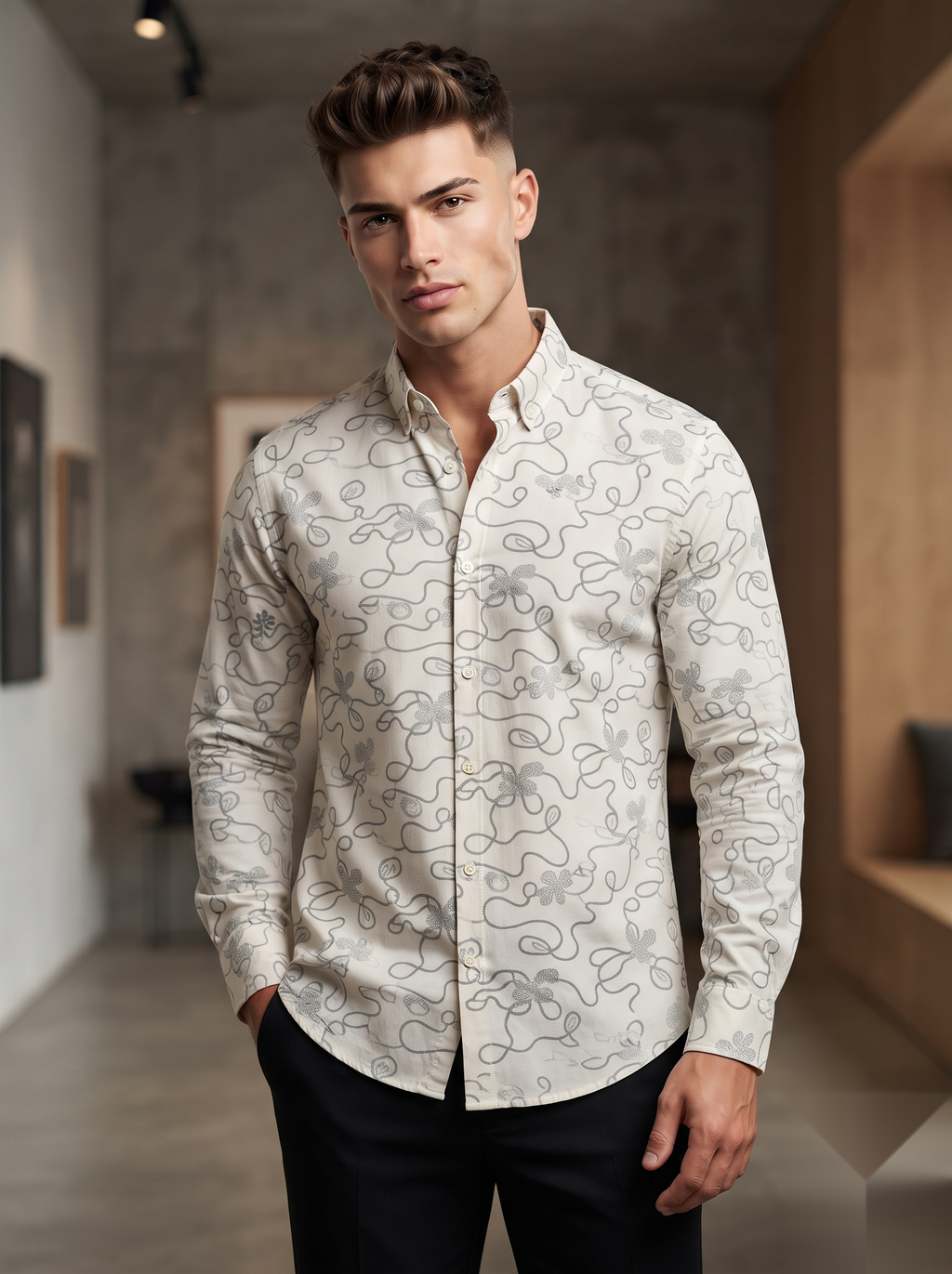 Linen Printed Shirt - Beige Leaves