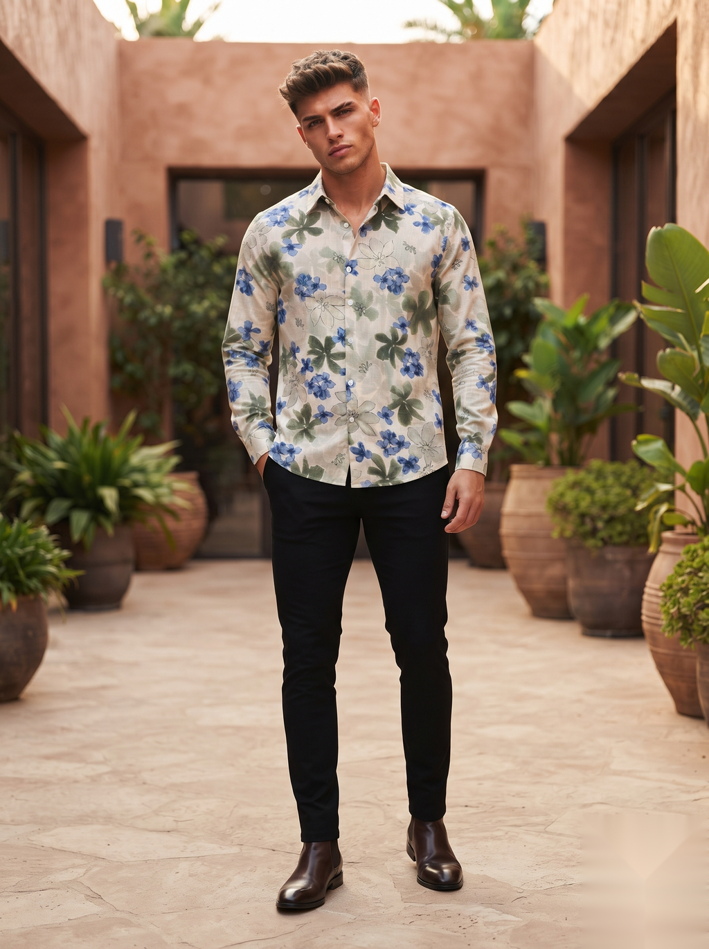 Floral Prints-Linen Shirts-Green