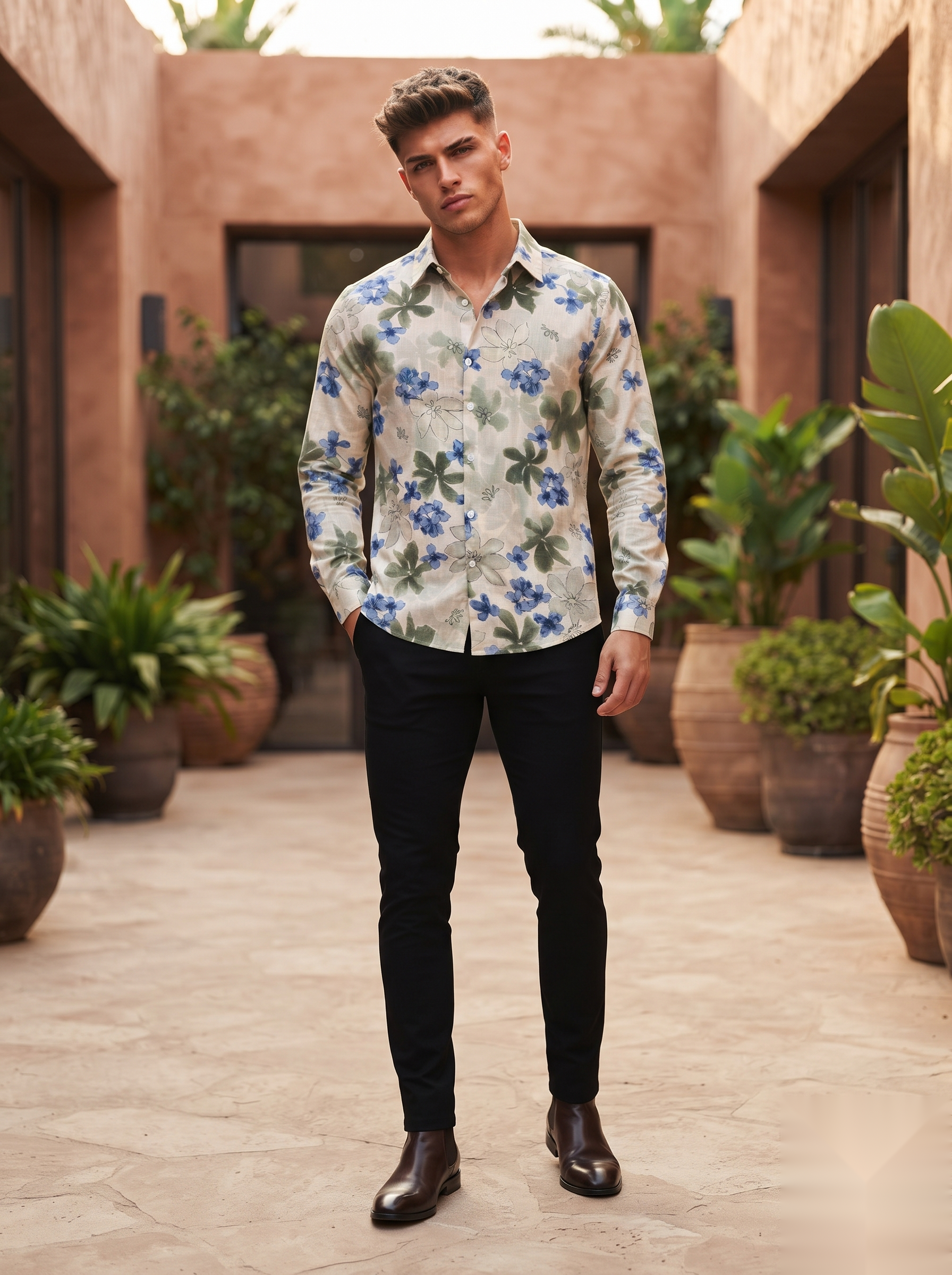 Floral Prints-Linen Shirts-Green