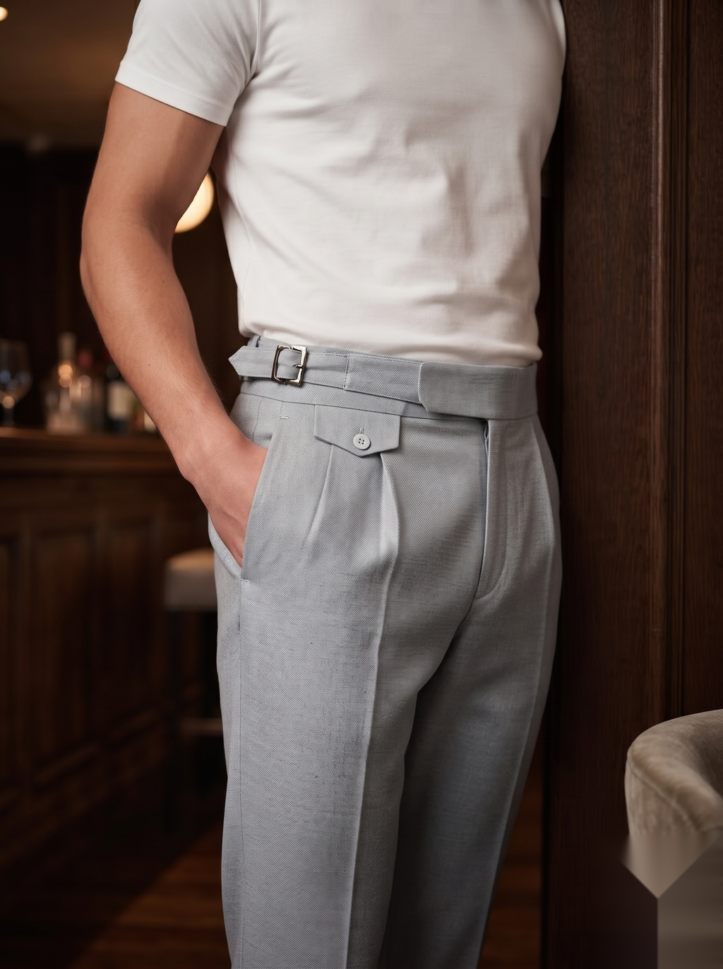 Snipes Gurkha formal pants in neutral fabric with a tailored fit, featuring a flat front and belt loops.
