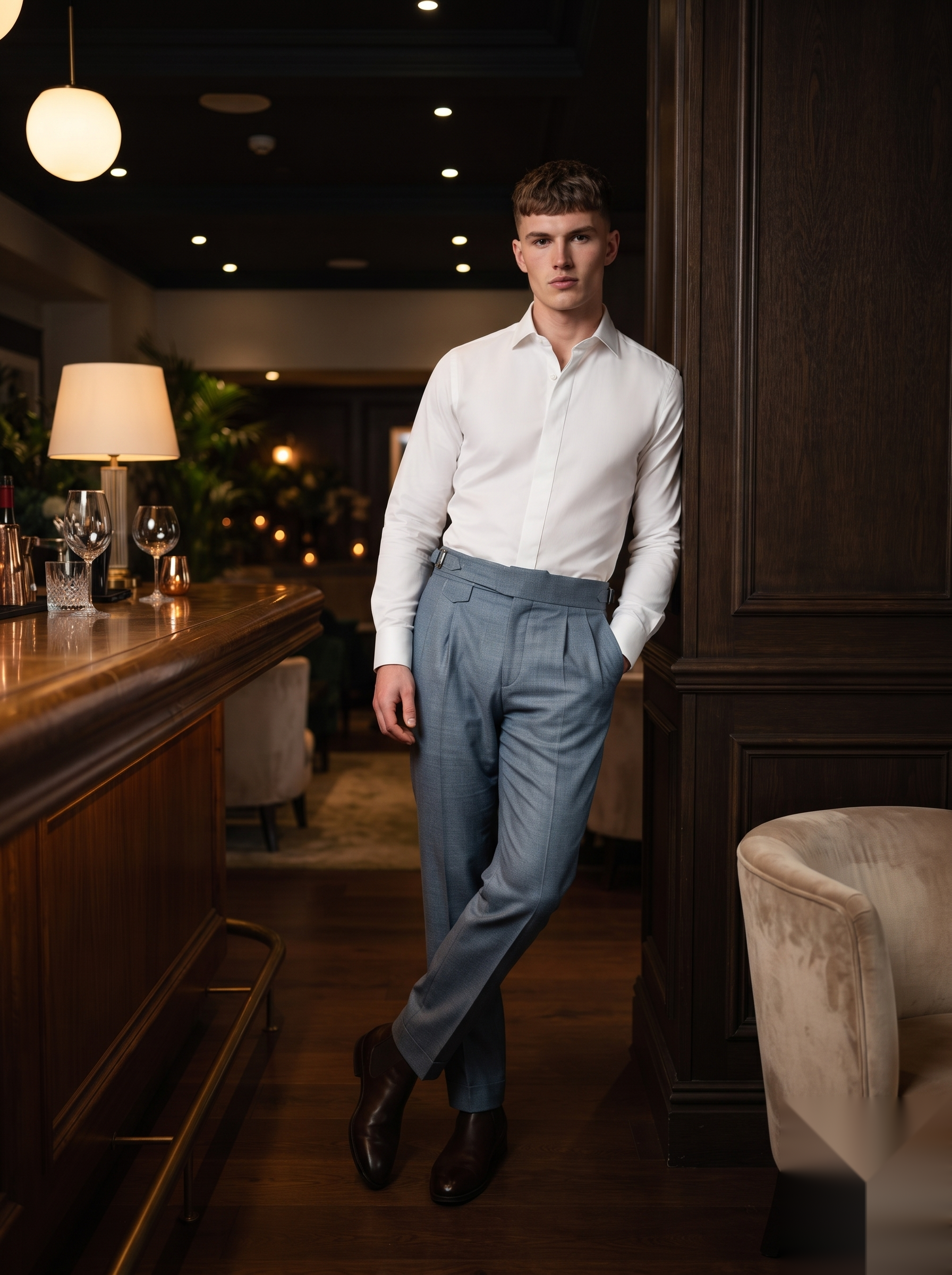 Snipes Gurkha formal pants shown in dark fabric with a tailored fit, featuring belt loops and front and back pockets.