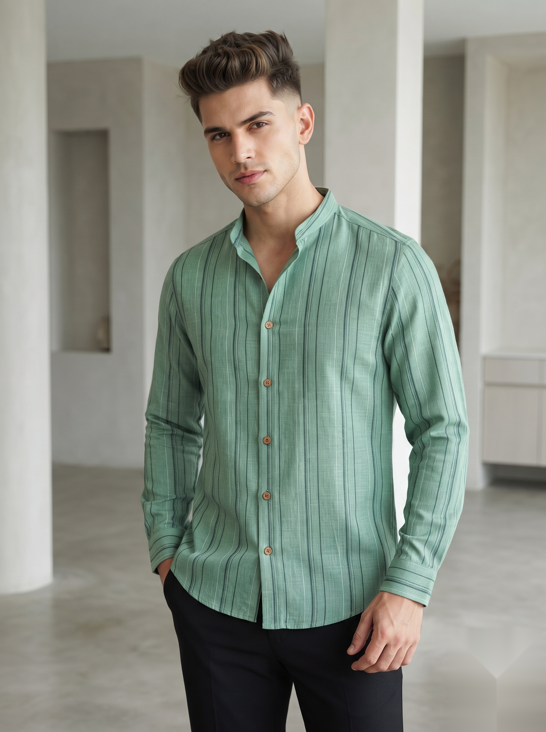 Mandarin Linen Stripes Shirts