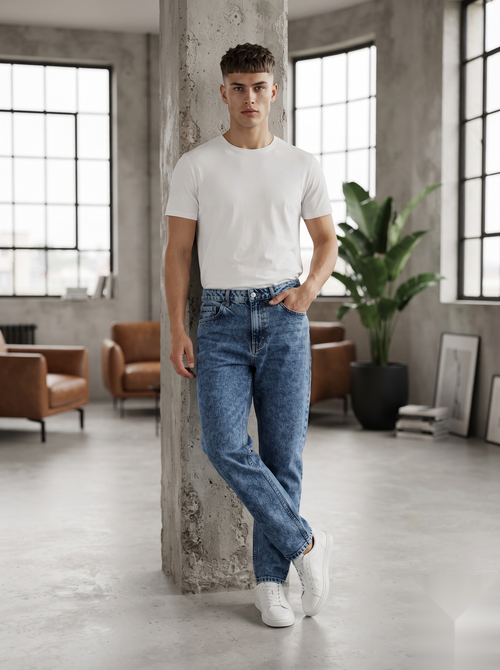 Blue Shade MOM-fit denim jeans by Snipes, showcasing classic fit and stylish blue wash, with visible stitching and pocket details.