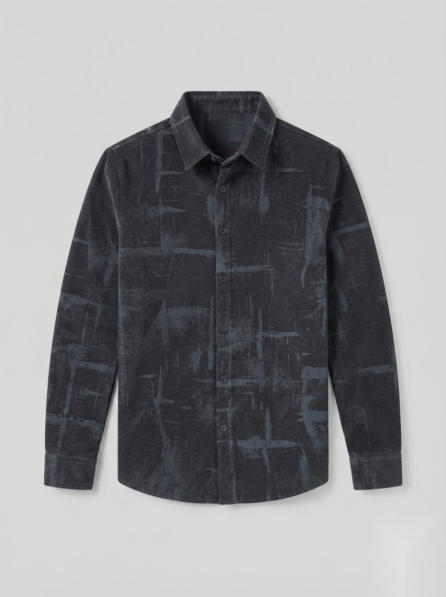 Snipes corduroy printed shirt with colorful pattern, long sleeves, and button-up front, styled on a mannequin.