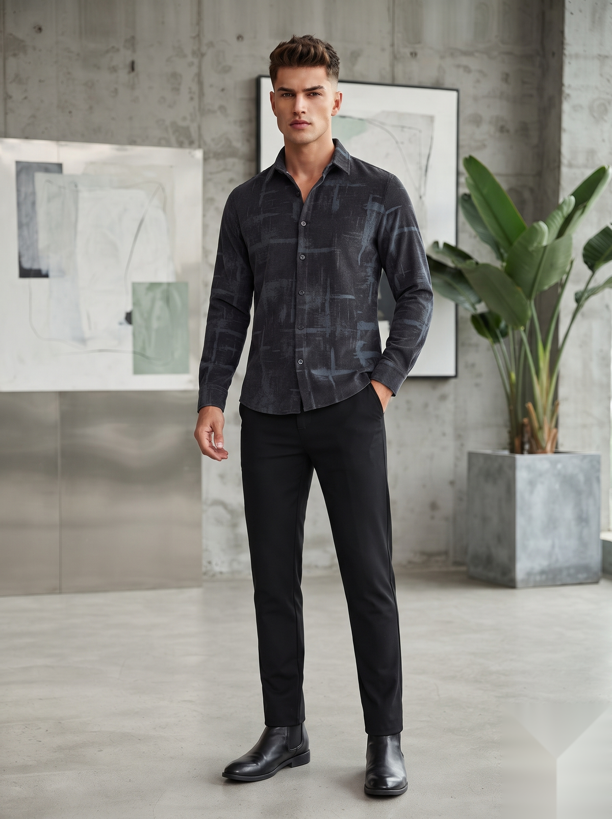 Snipes corduroy printed shirt with colorful pattern, long sleeves, and classic collar, displayed on a hanger.