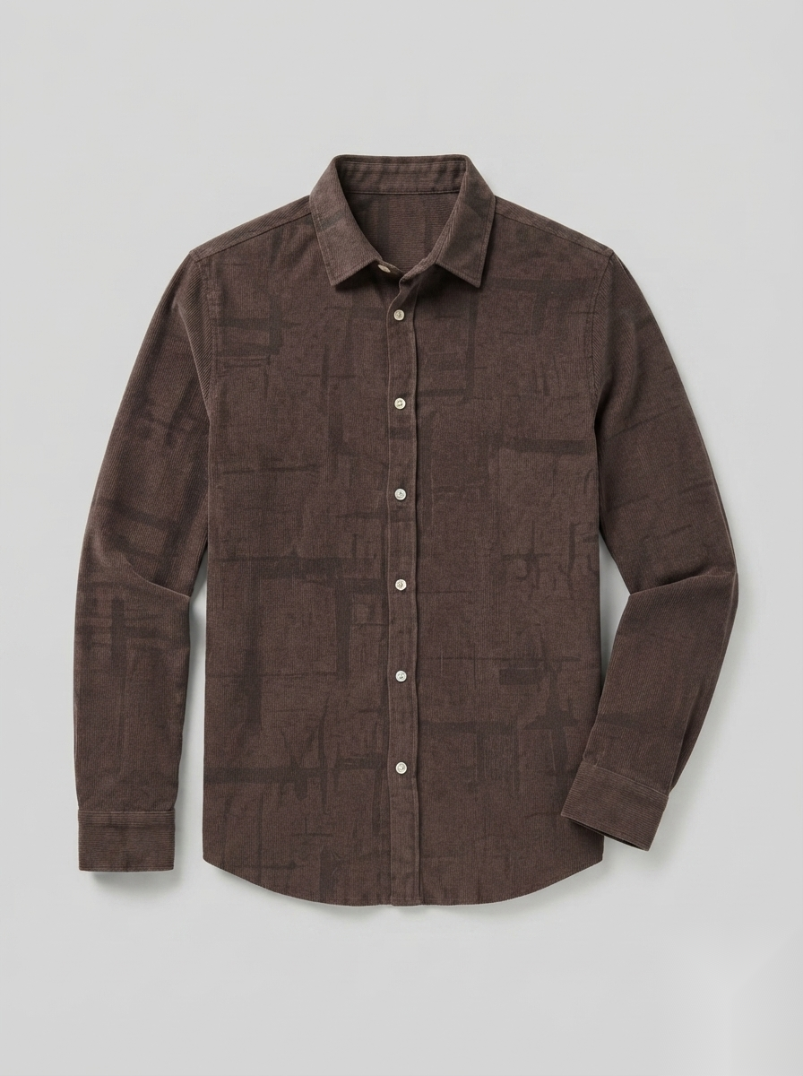 Snipes corduroy printed shirt with colorful pattern, long sleeves, and classic collar, displayed on a hanger.