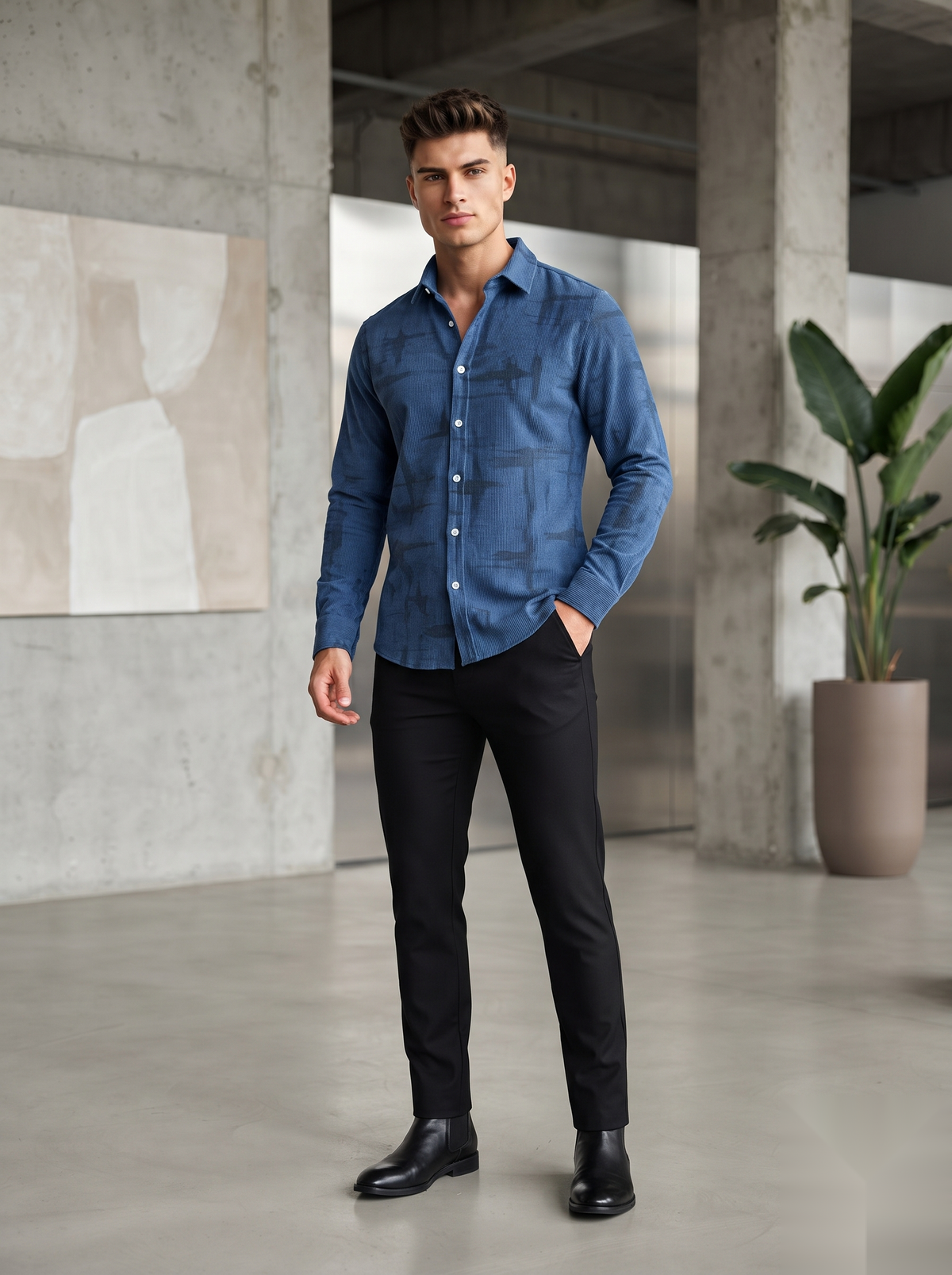 Snipes corduroy printed shirt with colorful pattern, long sleeves, and classic collar, displayed on a hanger.