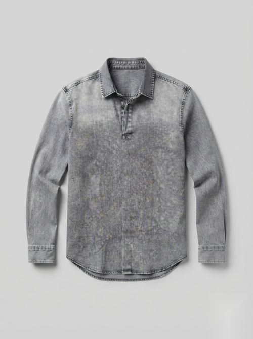 Snipes denim kurta shirt with traditional embroidery, featuring blue denim fabric and long sleeves, casual and stylish.