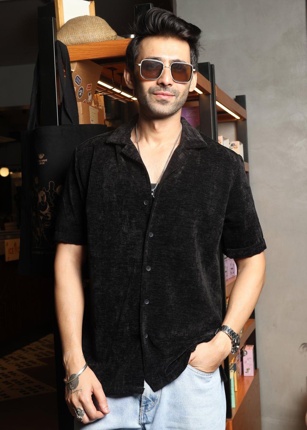 Velvet Half Sleeve Shirt - Black - Snipes